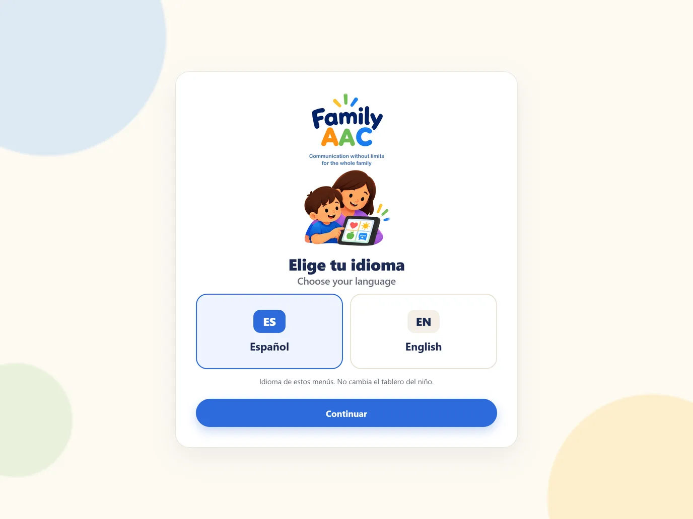 Pantalla de bienvenida: elige tu idioma / choose your language